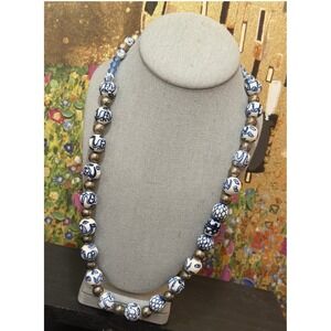 Handmade Porcelain Bead Necklace 24in Blue White Chinoiserie Toggle Closure